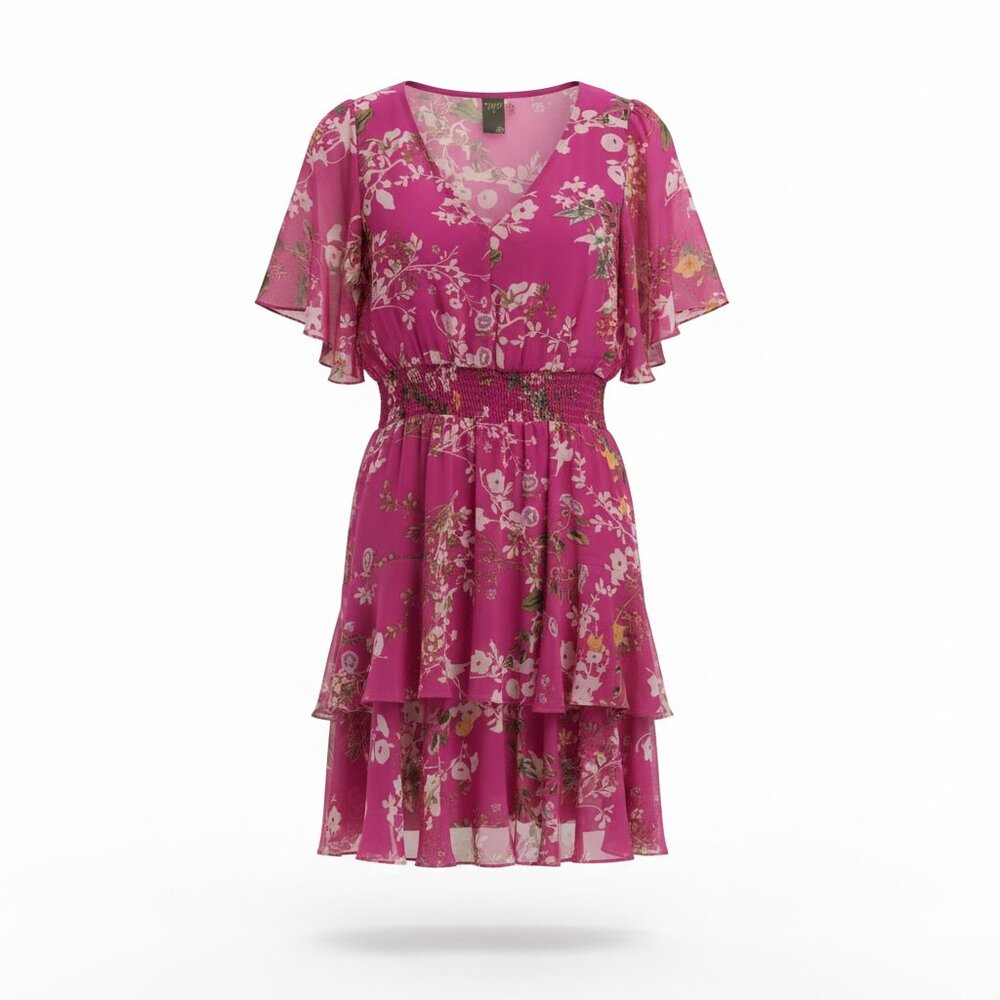 Taylor Pink Floral Chiffon Dress Size 10 Flutter Sleeve Smocked Waist Wedding